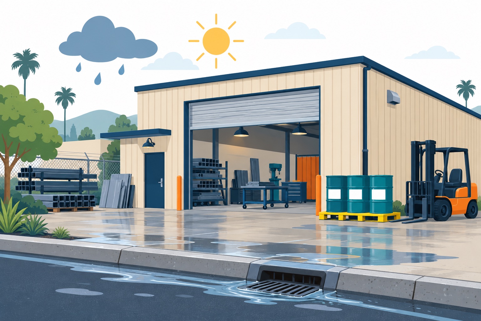 Illustration of a small California industrial shop with drums on a spill pallet, a forklift and a storm drain